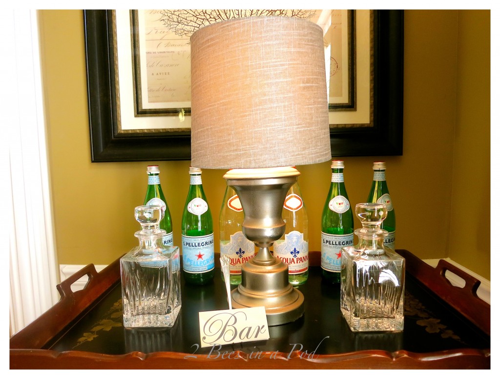 Take an old brass lamp and turn it into a DIY Mercury Glass lamp - spray paint, vinegar and water give you this beautiful - aged look. Great in the Bar area.