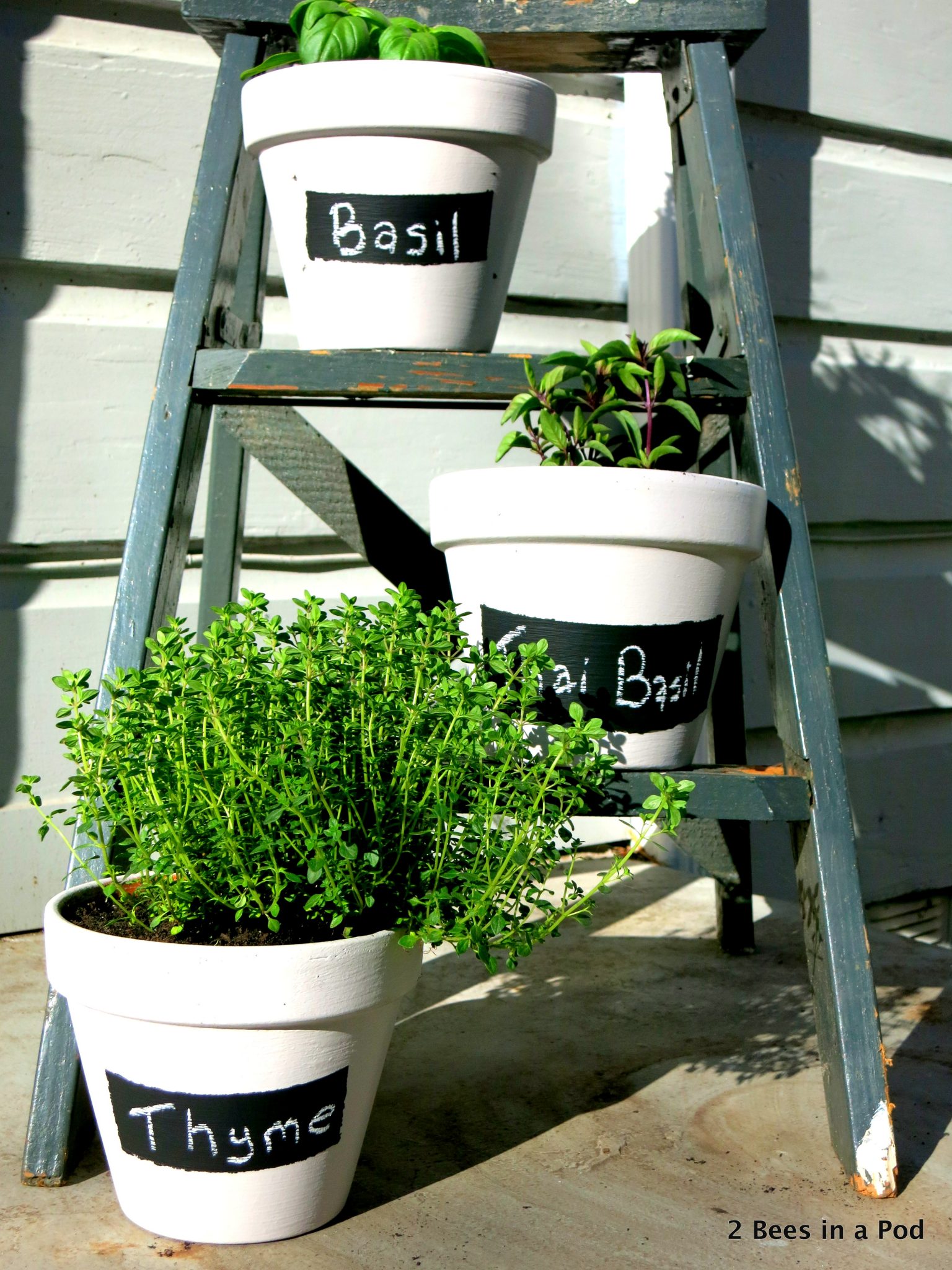 , chalk paint labels, and repurposed step ladder