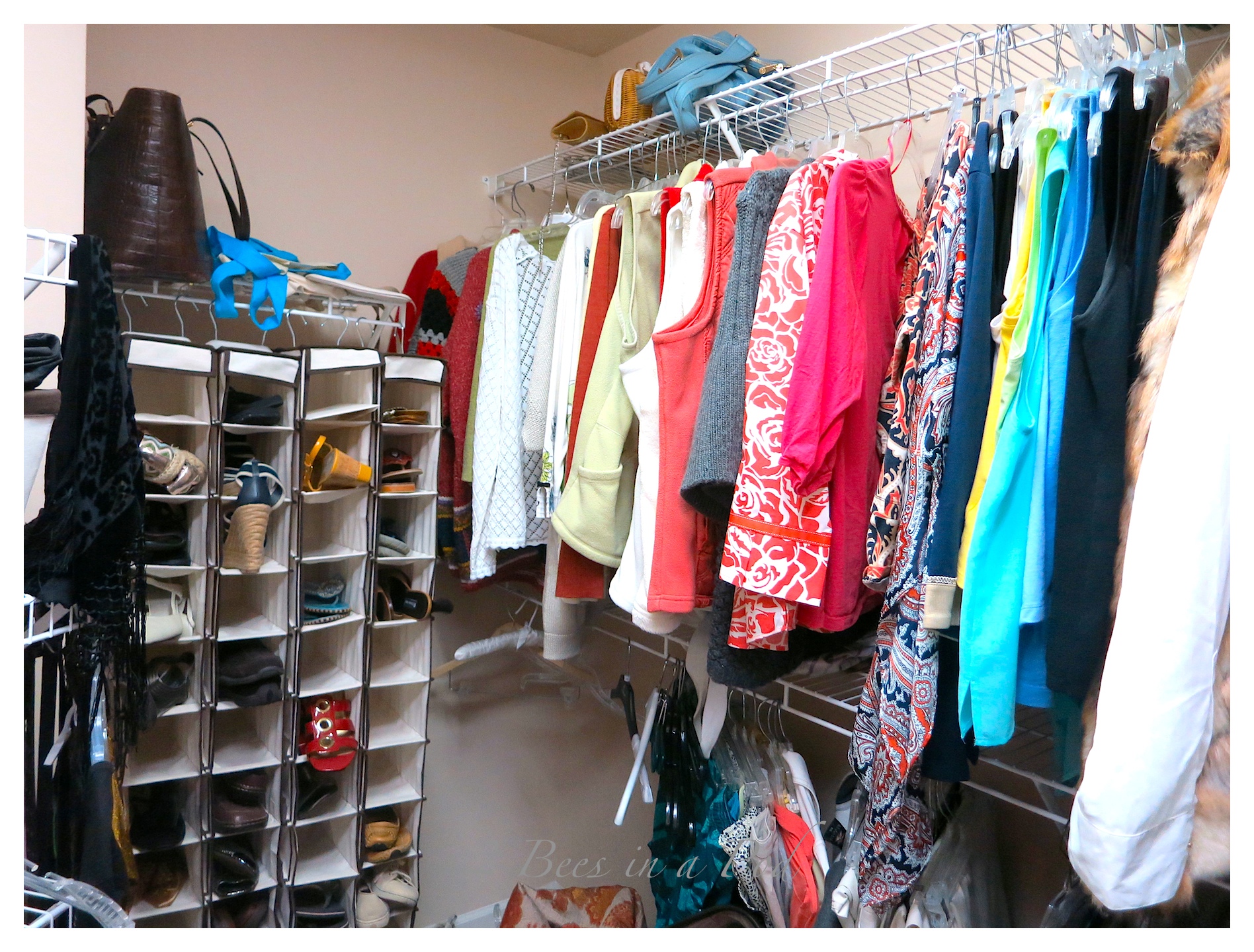 Master bedroom closet makeover. See how this disorganized and messy closet was completely transformed with custom shelving, crown moulding and storage.