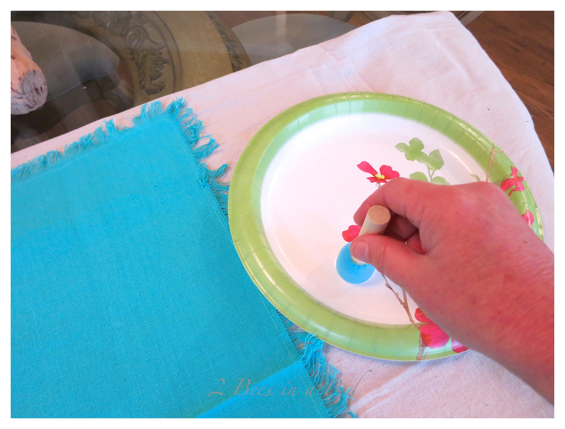 DIY painted polka dot napkins and Spring table decor. Cost saving tips...