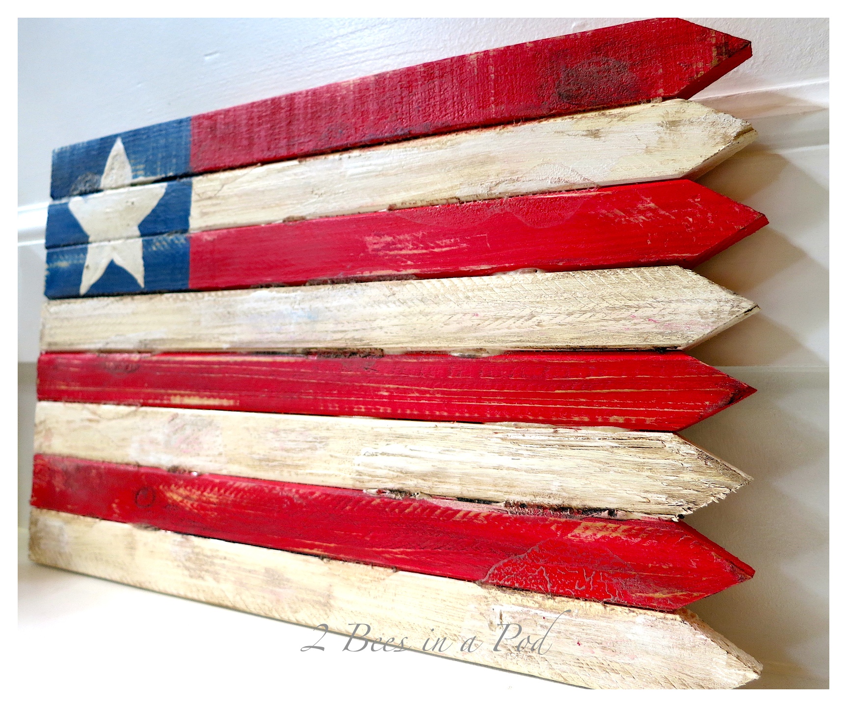 DIY tutorial - USA wooden flag made using grade stake pickets from the hardware store. Used a sander and waxes to give the flag a vintage, rustic antique finish. I'm proud to be an American :)