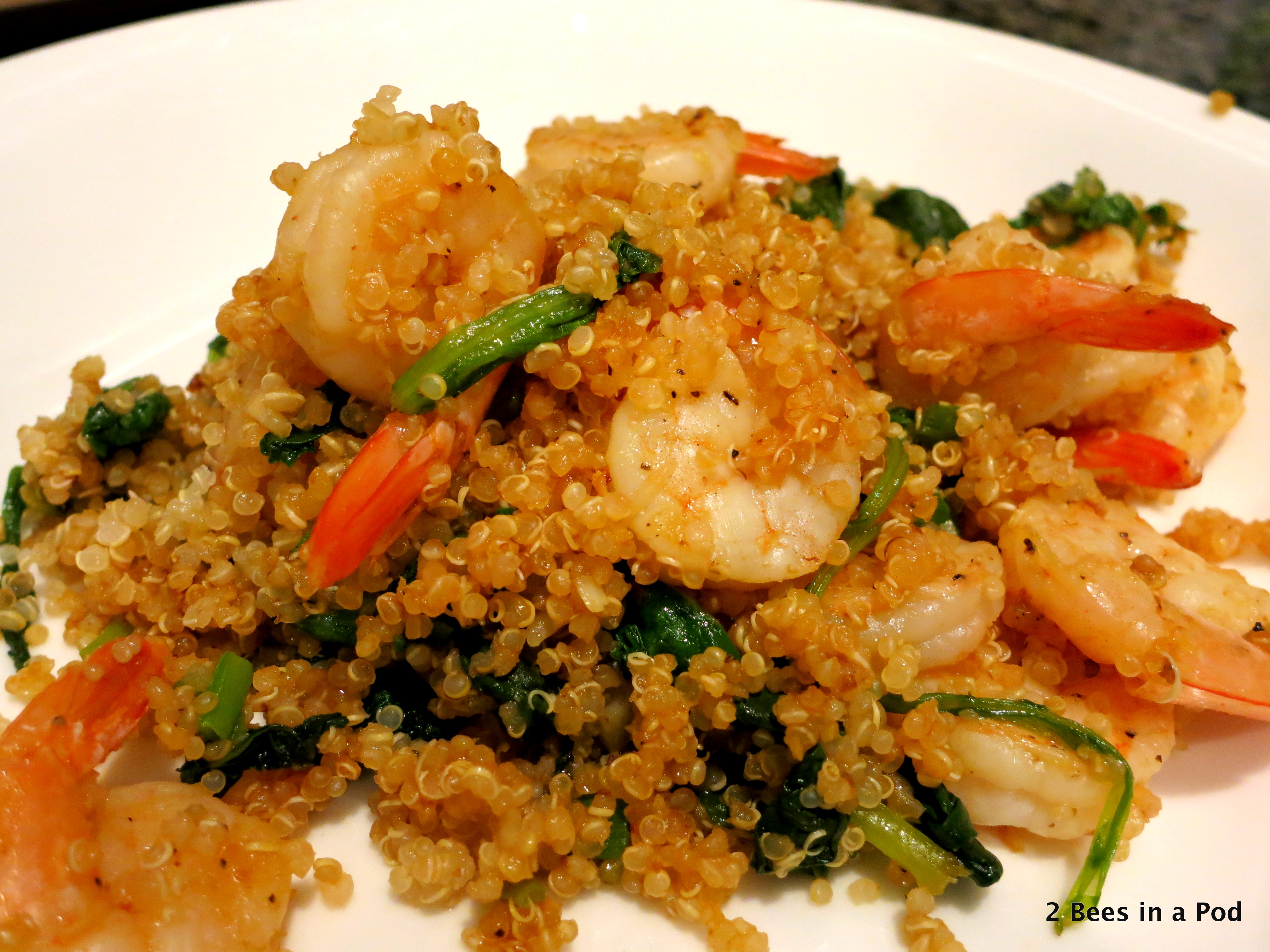 Healthy Shrimp Stir Fry with kale, quinoa, green onions, mushrooms, low sodium soy sauce, hot sauce, garlic
