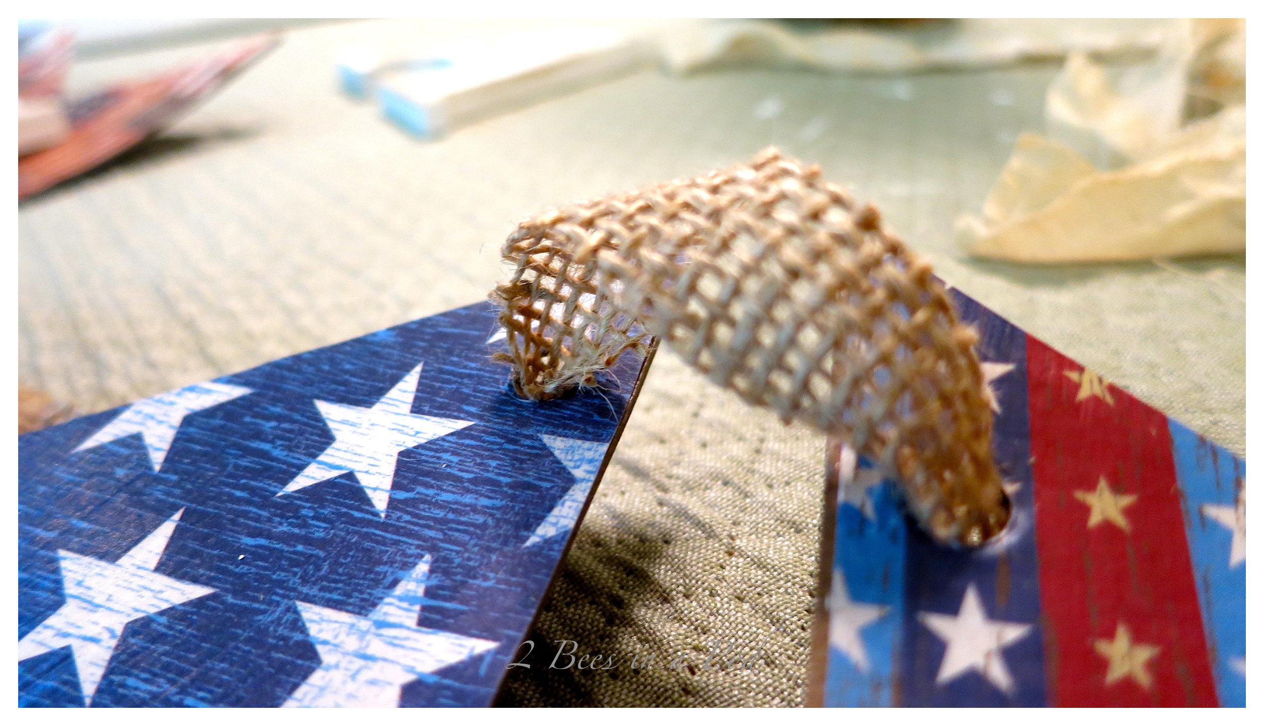 DIY red, white and blue USA banner. Added burlap and muslin for a vintage, rustic look.