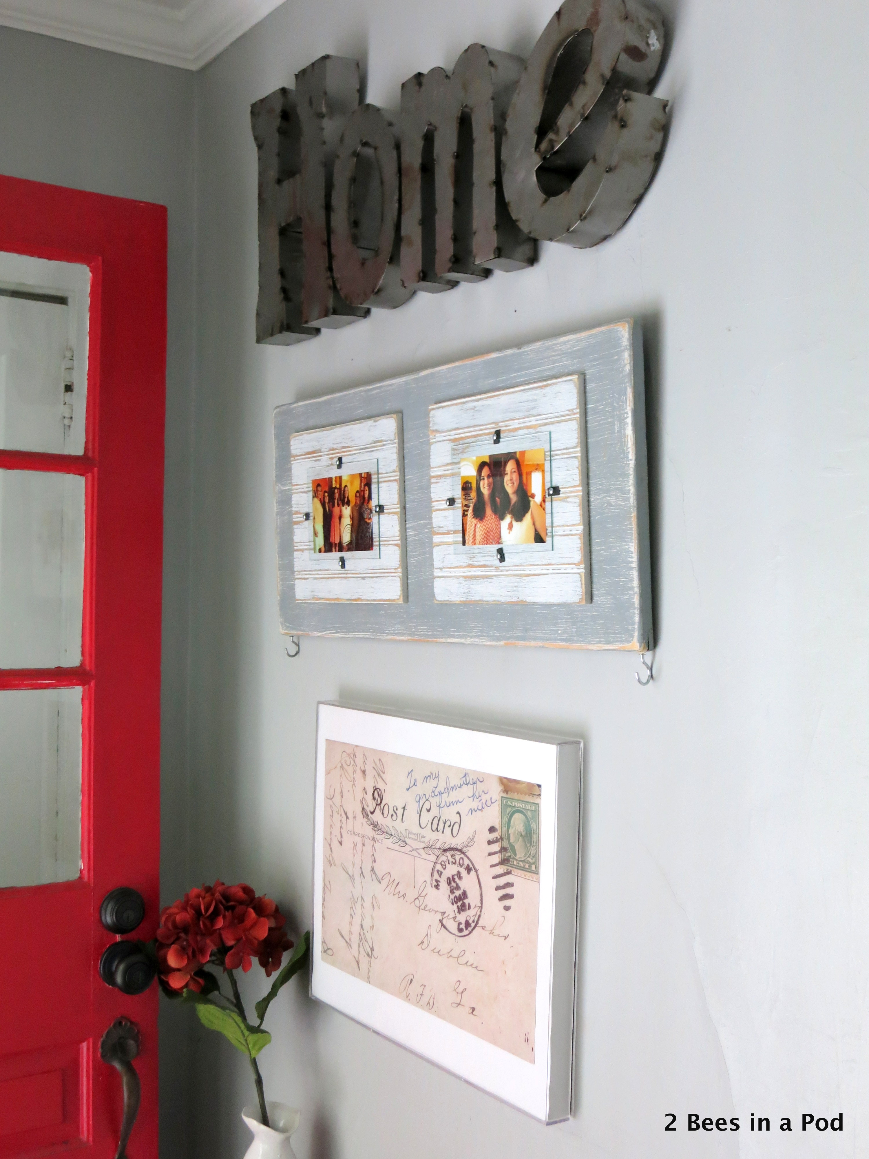 Entryway Refresh with painted bench and wall art. Vintage Post Card blown up, Picture Frame, Industrial Home Sign. Small Space. Before & After.