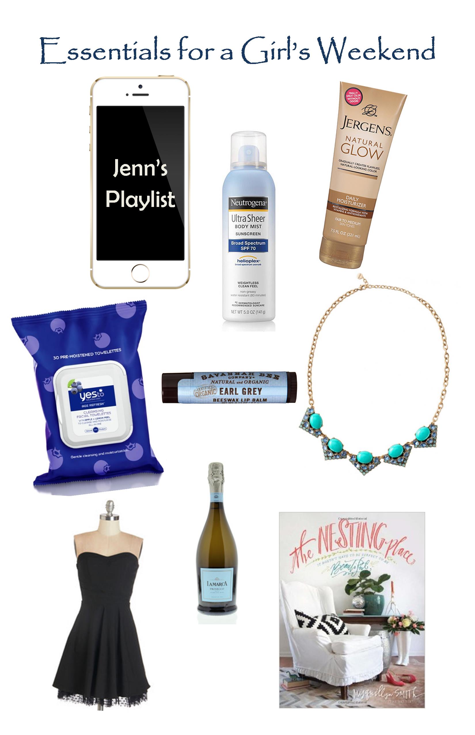 Essentials for a Girl's Weekend - Makeup Wipes, Cocktail Dress, Prosecco, Lip Balm, Acessories, The Nesting Place book, Sunscreen, Perfect Playlist