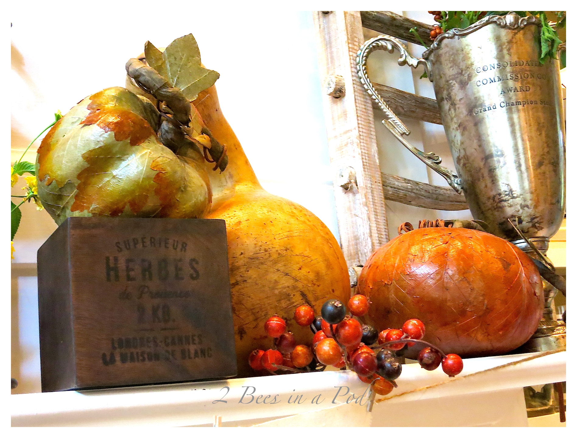 Fall Mantle Decor...Bloggers Fall Tour.  Mantle decorated with vintage and rustic items. Muted colors for Fall. Natural gourds, vintage trophies and loving cup, vintage suitcase, vintage wicker wine bottle, rustic ladders.