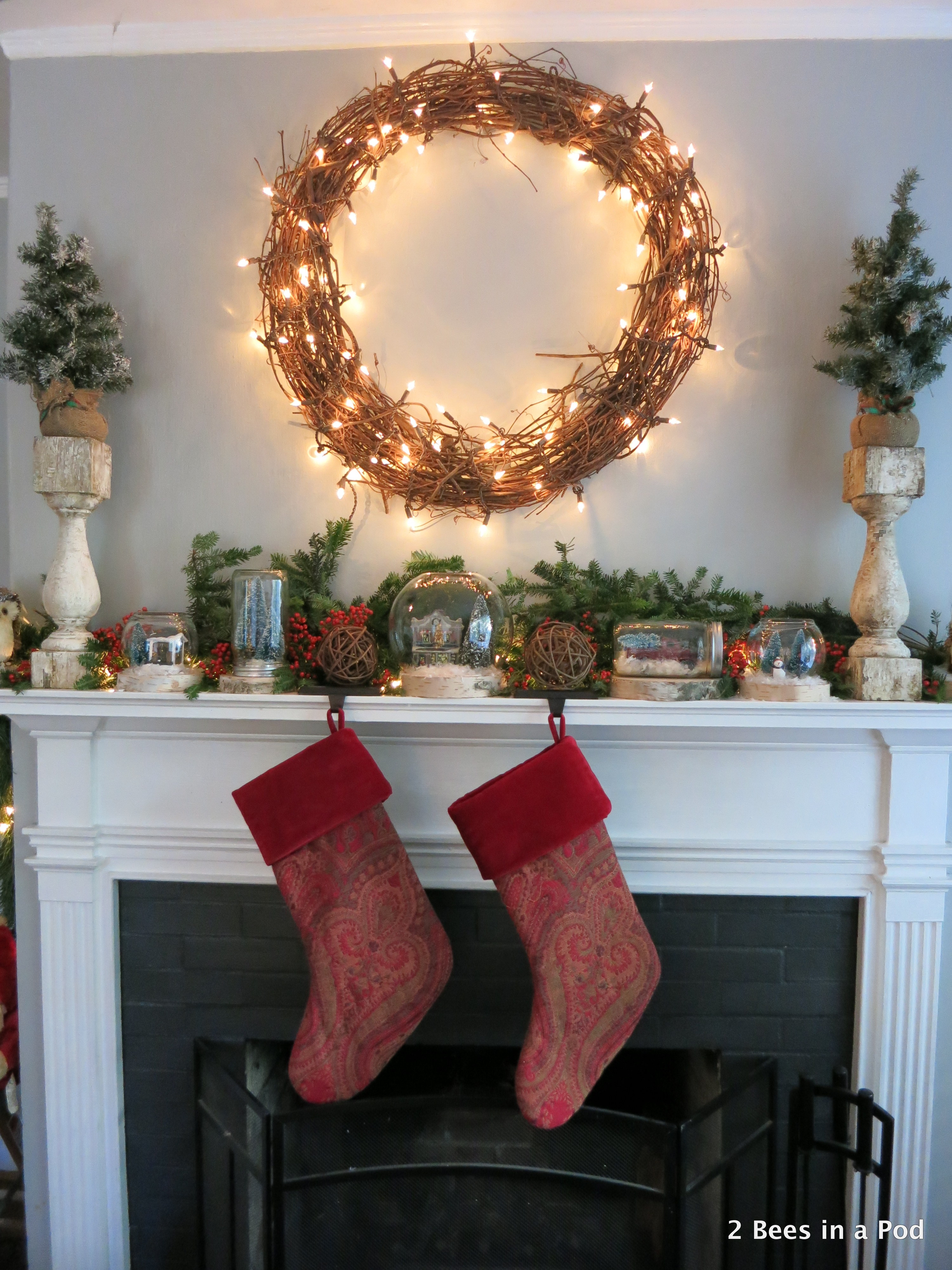Rustic Christmas Mantel with Woodland Owls, Wood Slates, Winter Vignettes and grape wreath