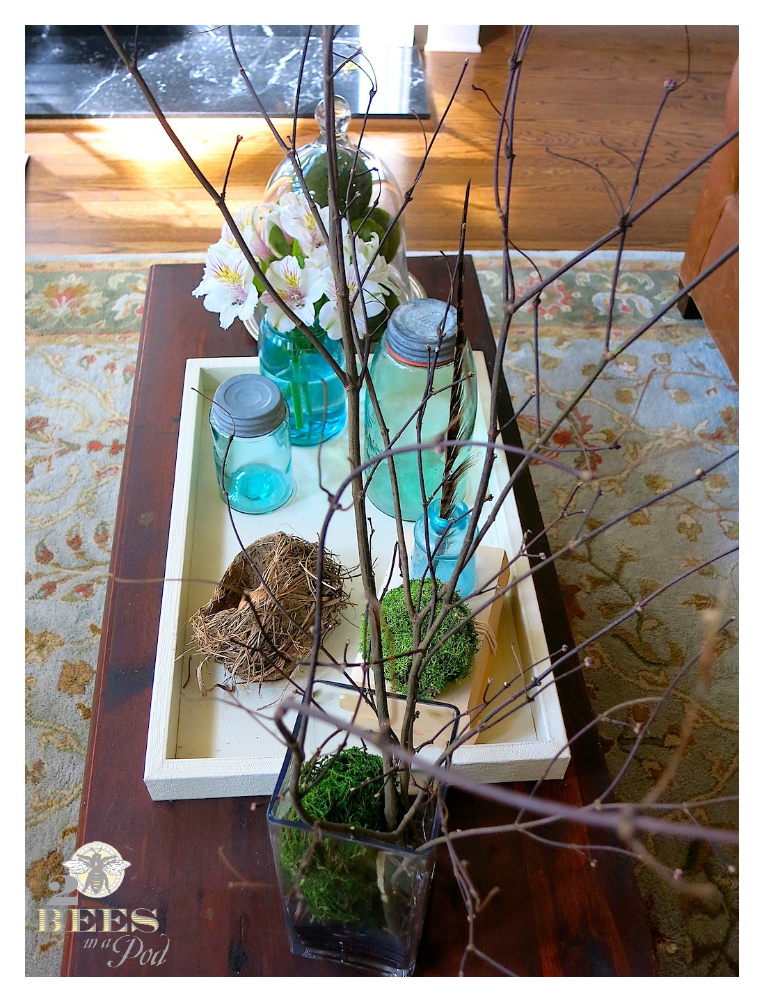 Spring coffee tabletop using a natural birds nest, aqua vintage Mason jars, antique inkwell and moss
