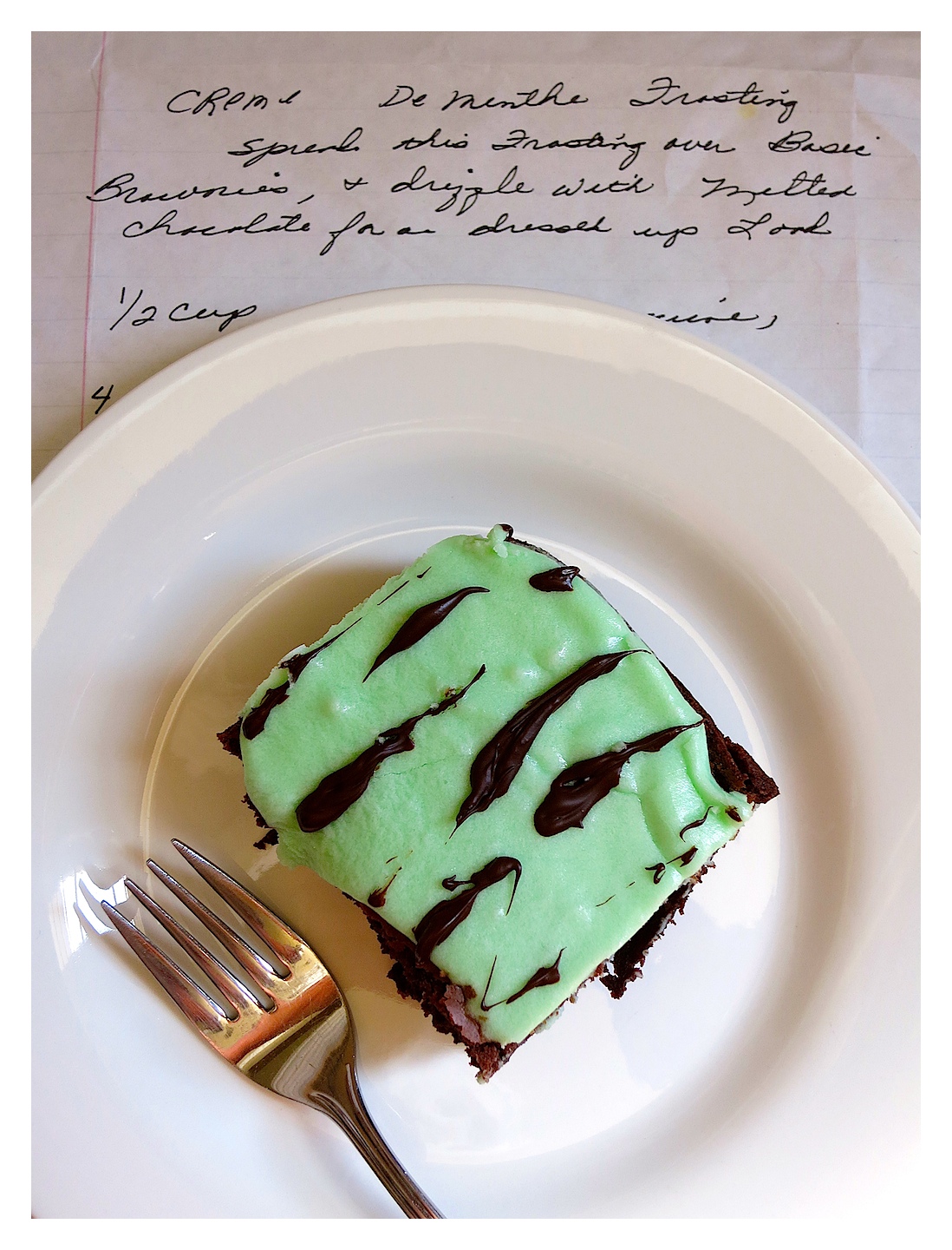 Family recipe swap for Mother's Day - Mom's Creme de Menthe Frosting. creamy and delicious!