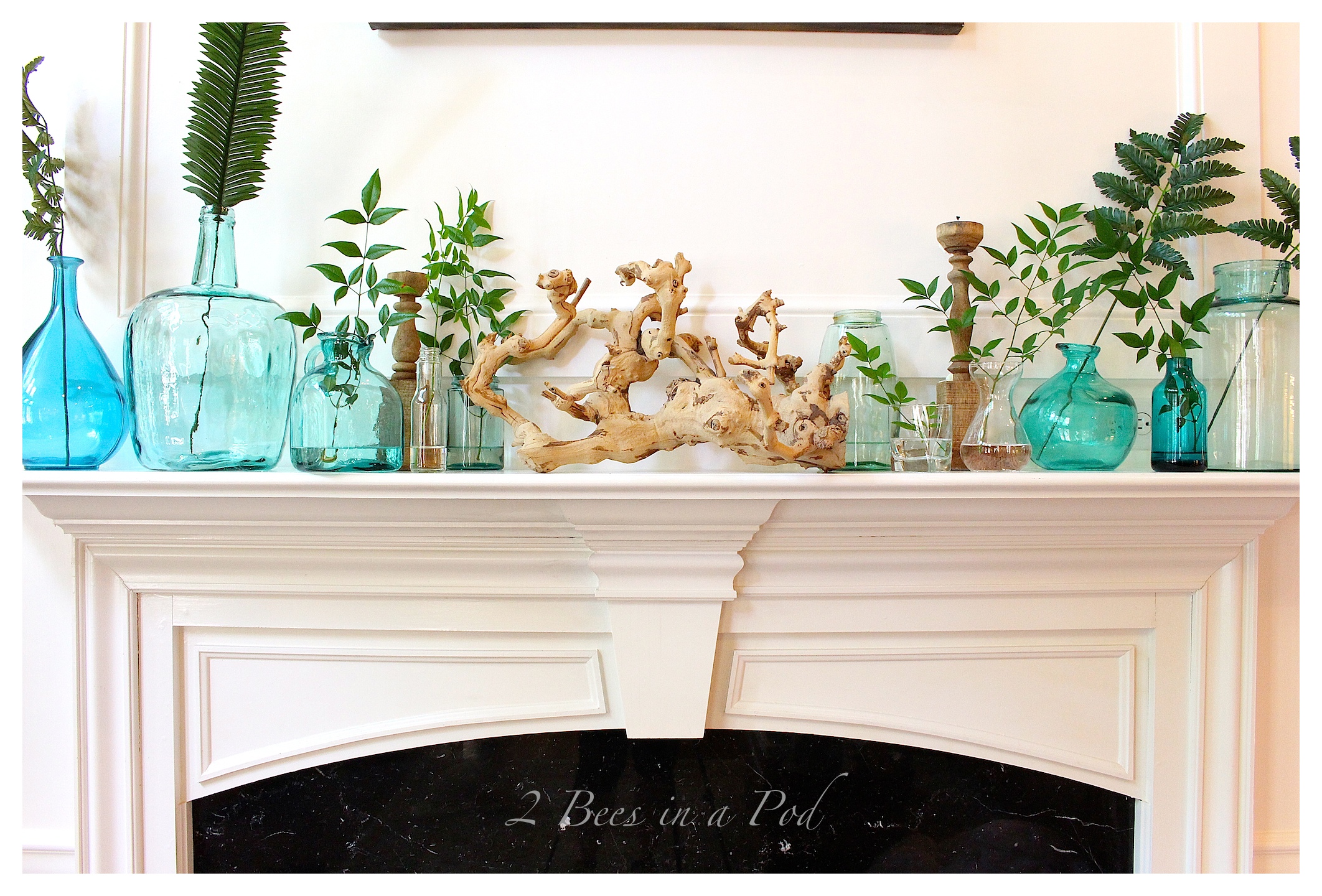 Coastal Inspired Simmer Mantel - using glass bottles in the colors of the ocean