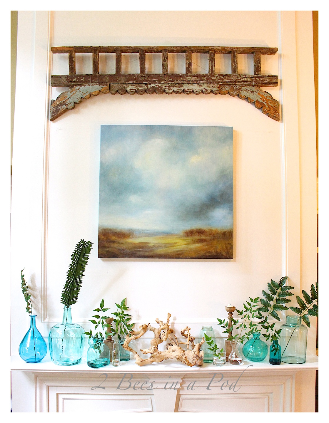 Coastal Inspired Simmer Mantel - using glass bottles in the colors of the ocean