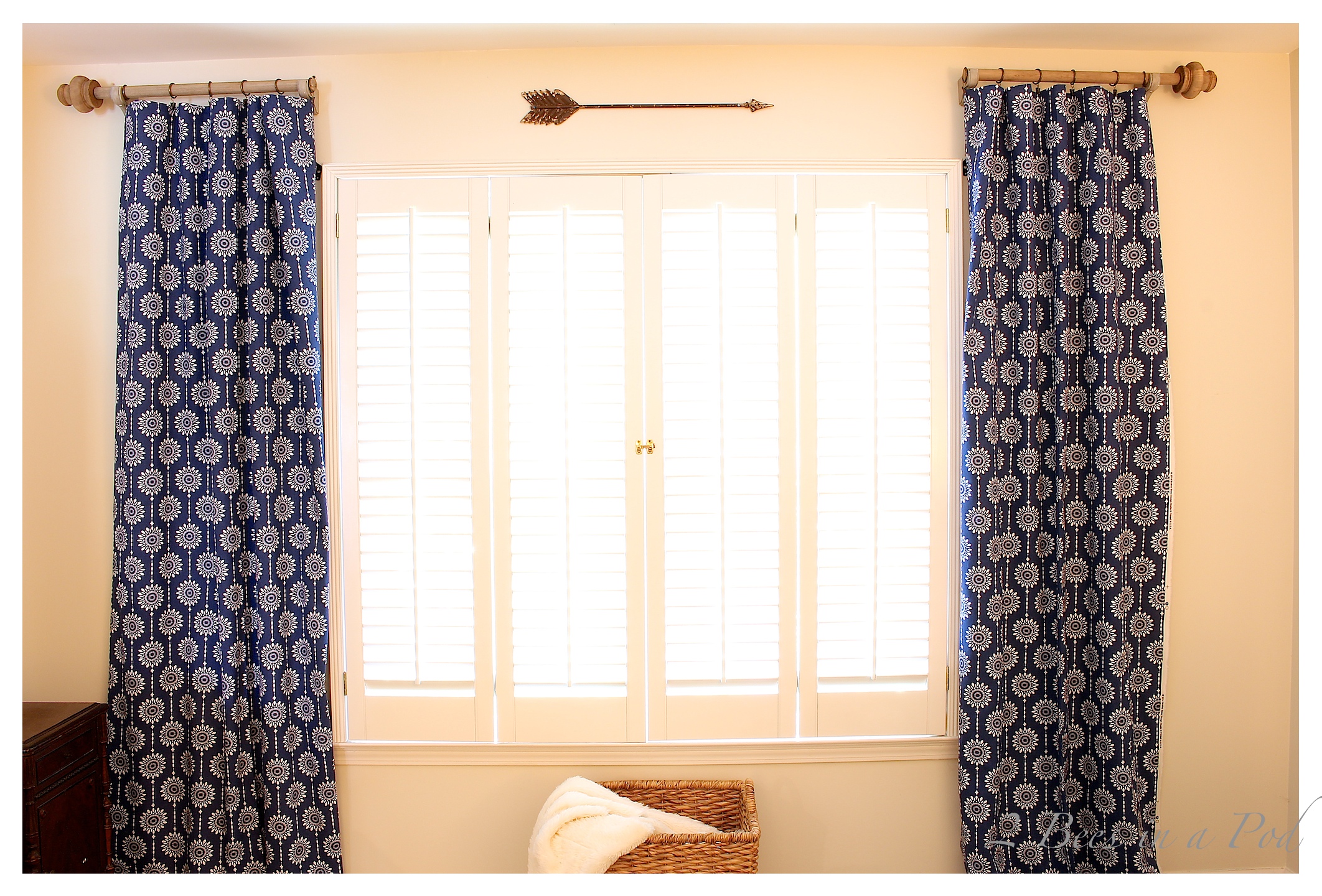 DIY Curtain rods using furniture "feet" and a broomstick. By using Weatherwood stain it looks like barn wood or driftwood.