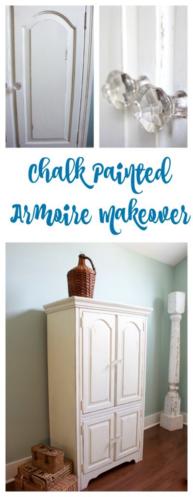 Chalk painted armoire makeover with white homemade chalk paint. Also used glass knobs and distressing.