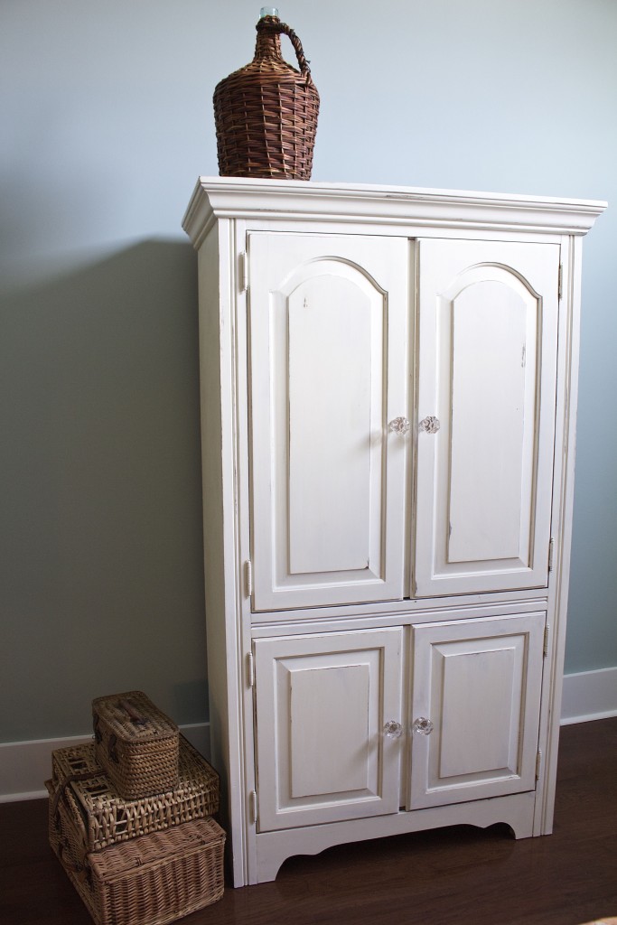 Chalk Painted Armoire Makeover - using homemade chalk paint color matched to ASCP Old White, distressed, waxed and glass knobs added