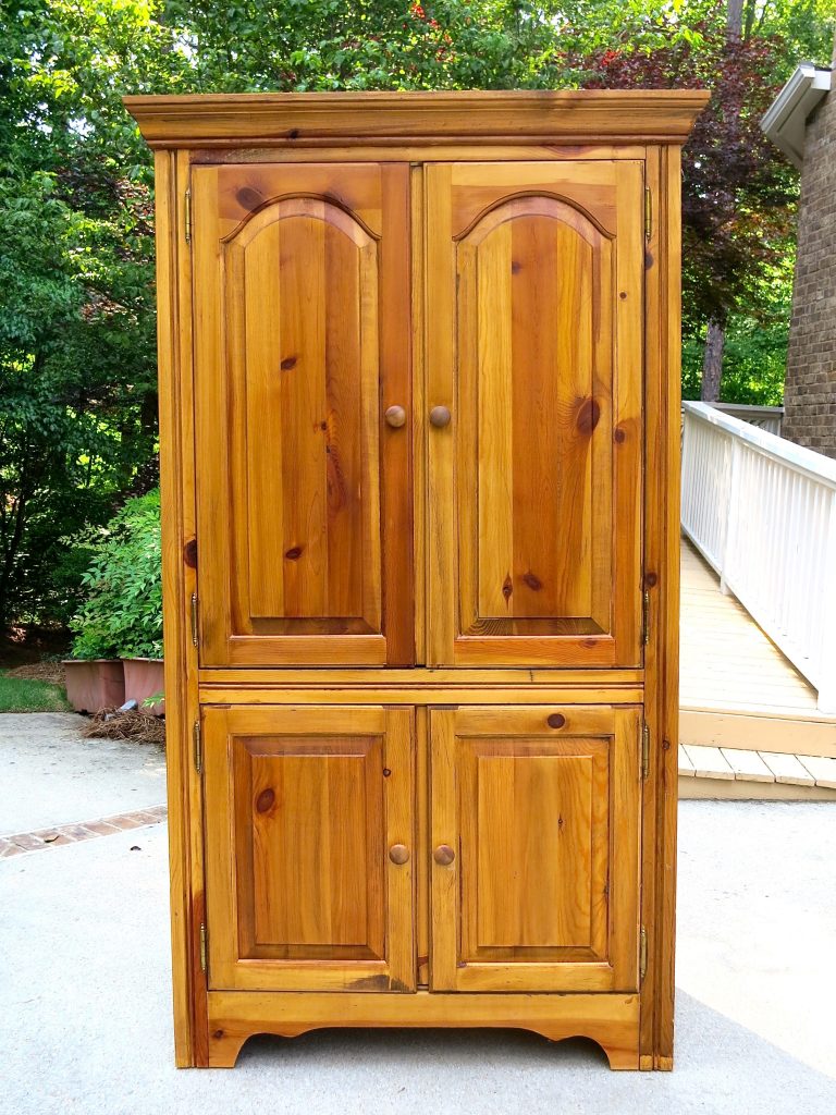 Chalk Painted Armoire Makeover - using homemade chalk paint color matched to ASCP Old White, distressed, waxed and glass knobs added