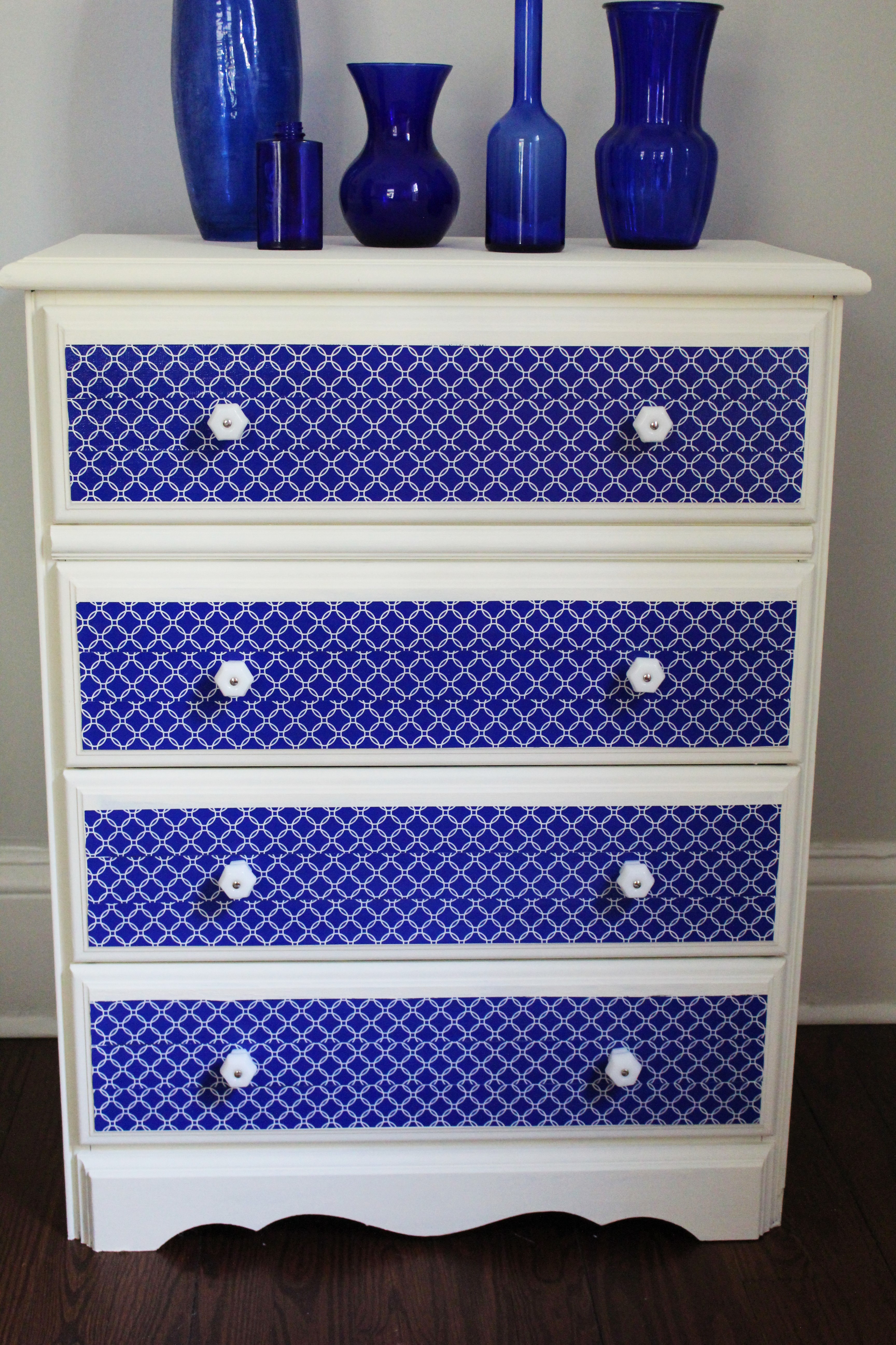 Trash to Treasure Dresser Transformation with chalk paint, duct tape, and D. Lawless Milk Glass knobs