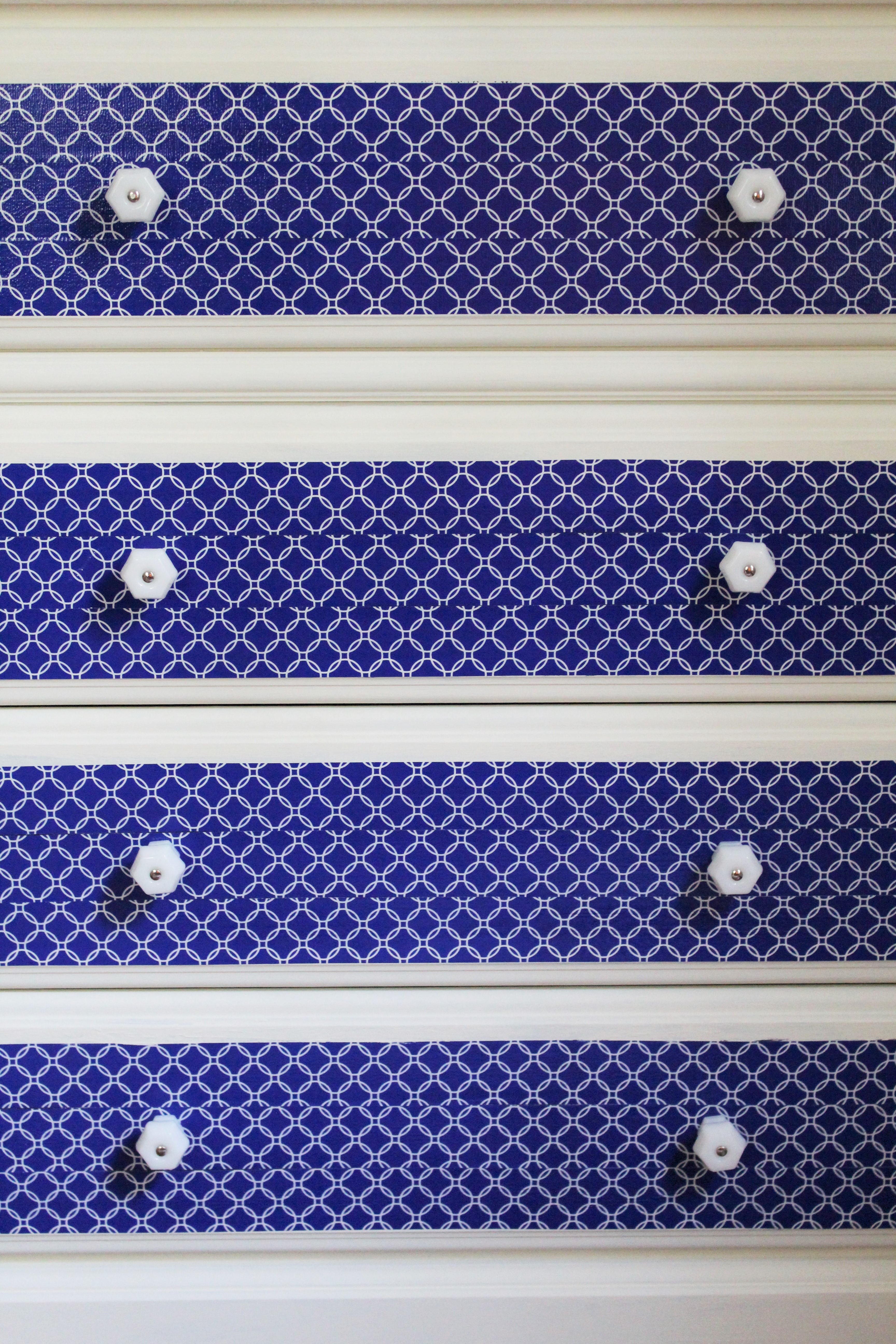 Trash to Treasure Dresser Transformation with chalk paint, duct tape, and D. Lawless Milk Glass knobs