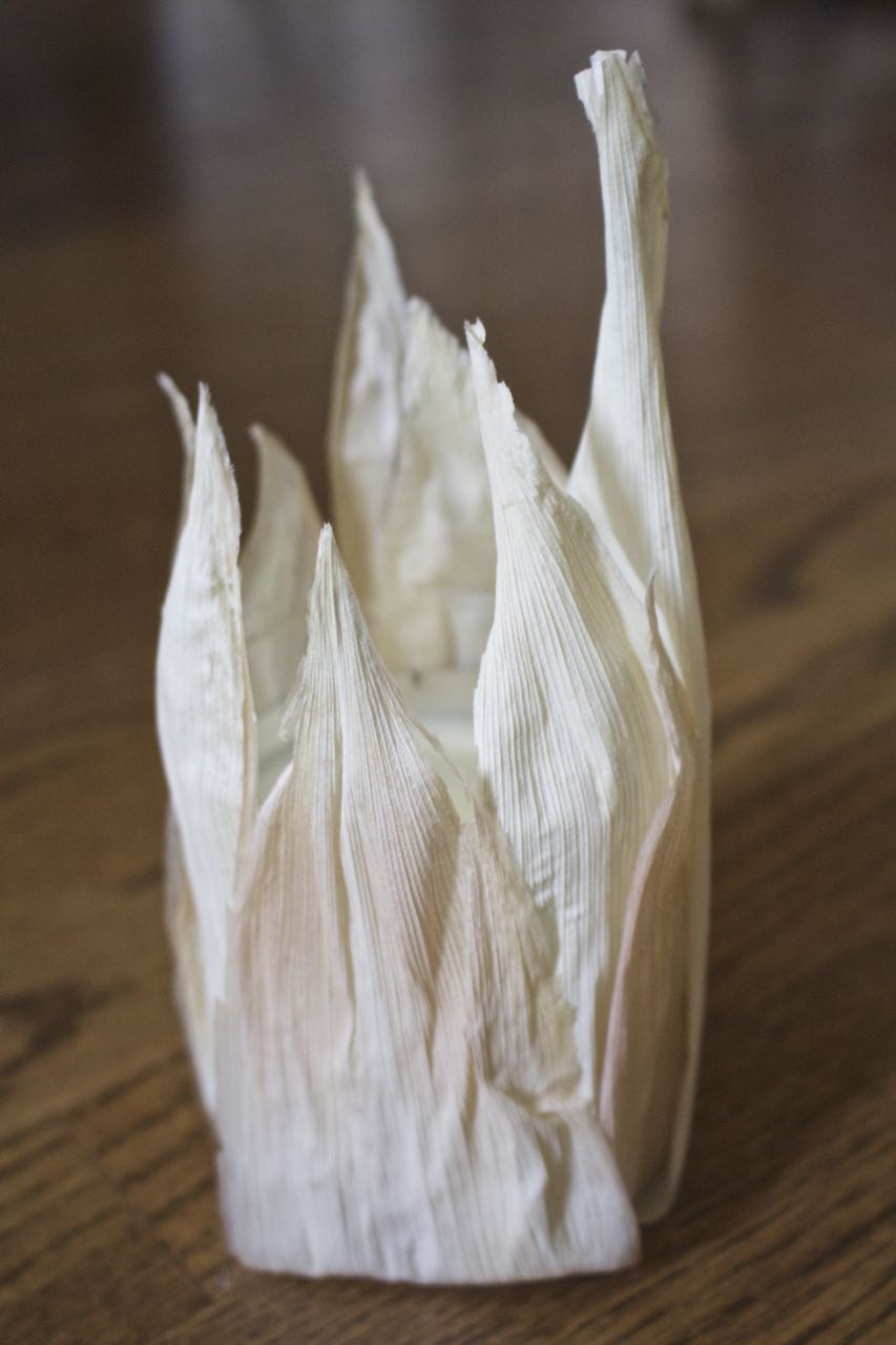 DIY Fall Votive with Cornhusks and Feathers