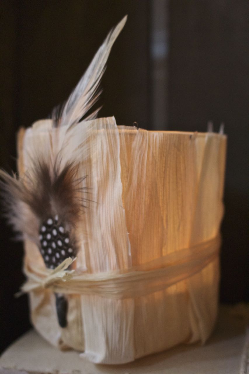DIY Fall Votive with Cornhusks and Feathers