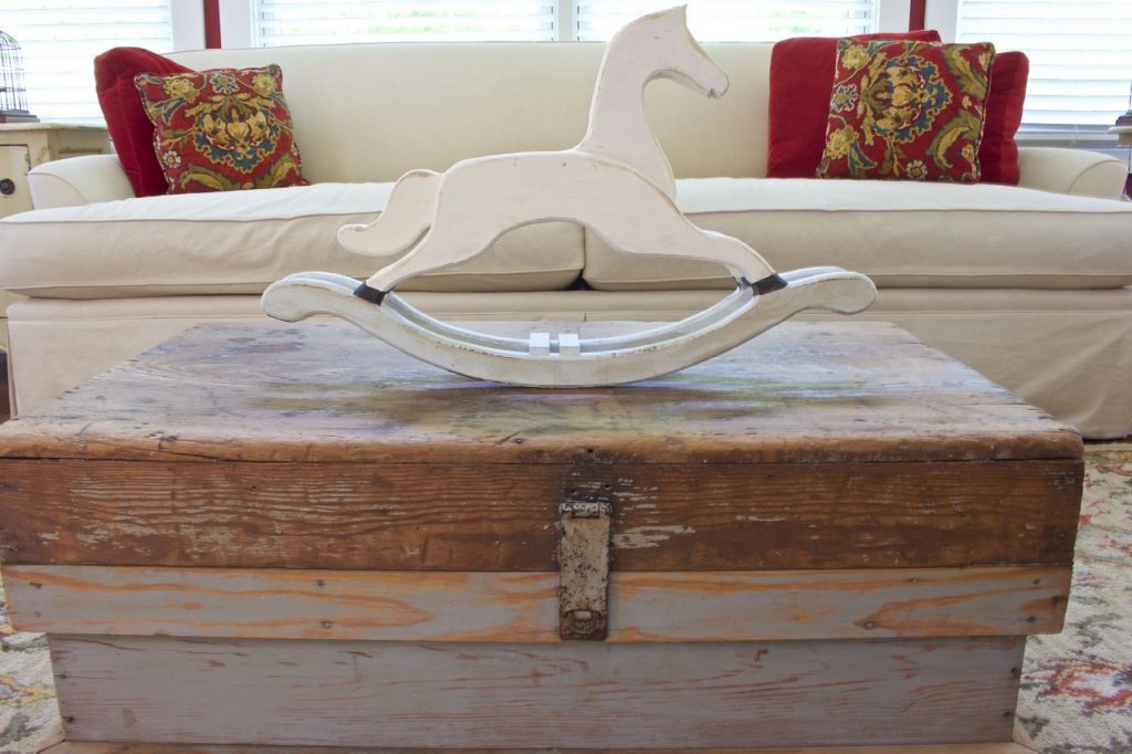 Thrift store rocking horse gets a makeover with chalk paint.