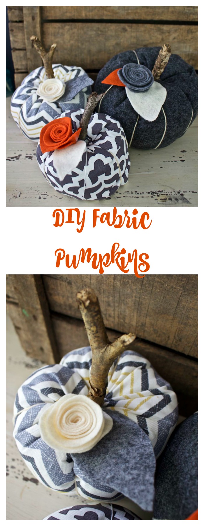 Fabric Pumpkins. DIY Fabric Pumpkins, perfect Fall decor. Decorate fabric pumpkins with felt flowers and twig stems.