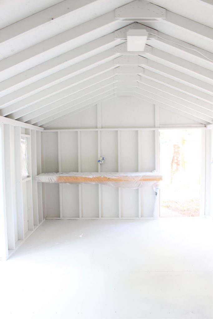 She Shed painted with Nebulous Sherwin Williams paint. One Room Challenge