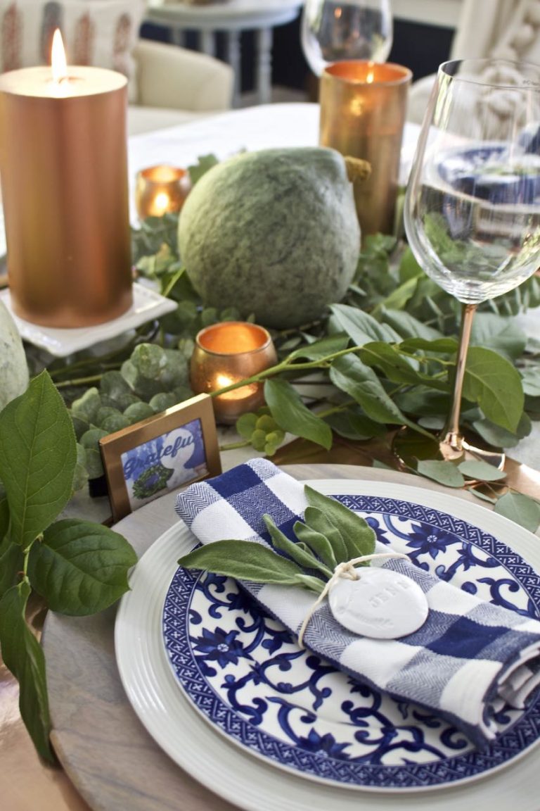 Thanksgiving Tablescape with Copper and Blue