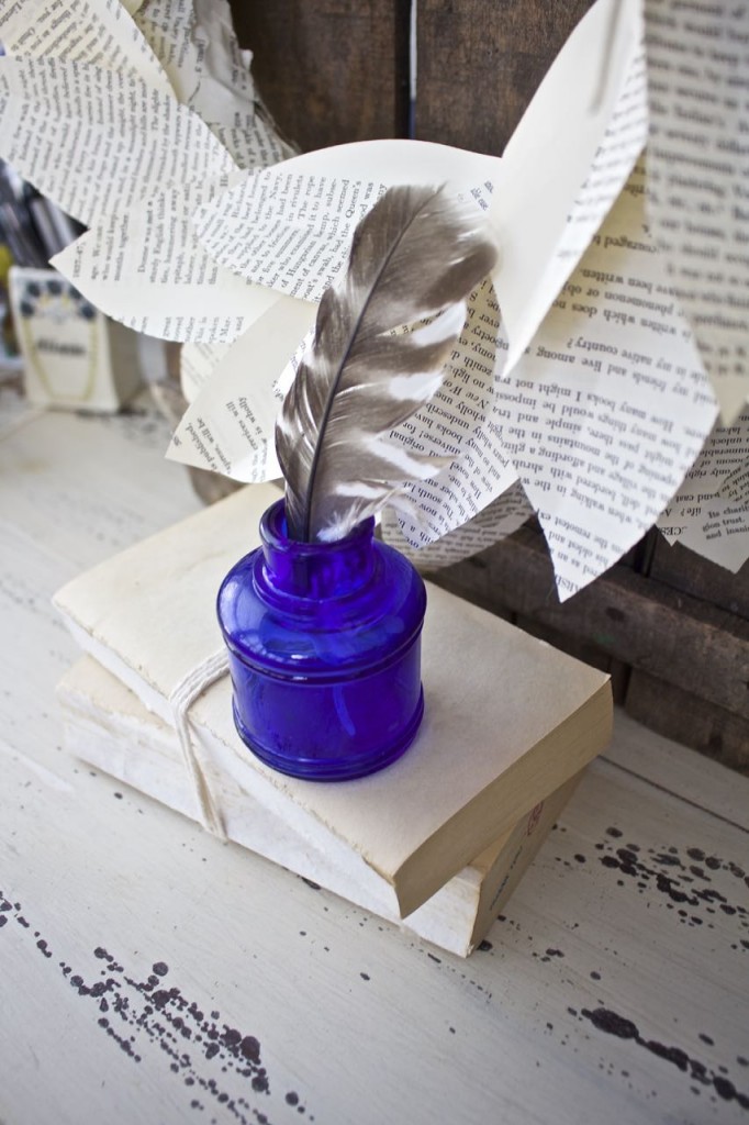 Book Page Magnolia Wreath. Cobalt blue vintage inkwell.