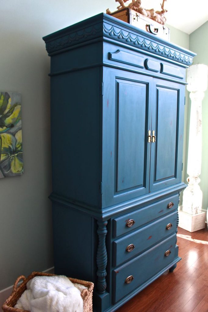2 Bees in a pod. Chalk Painted Armoire. Aubusson Blue. Side view.