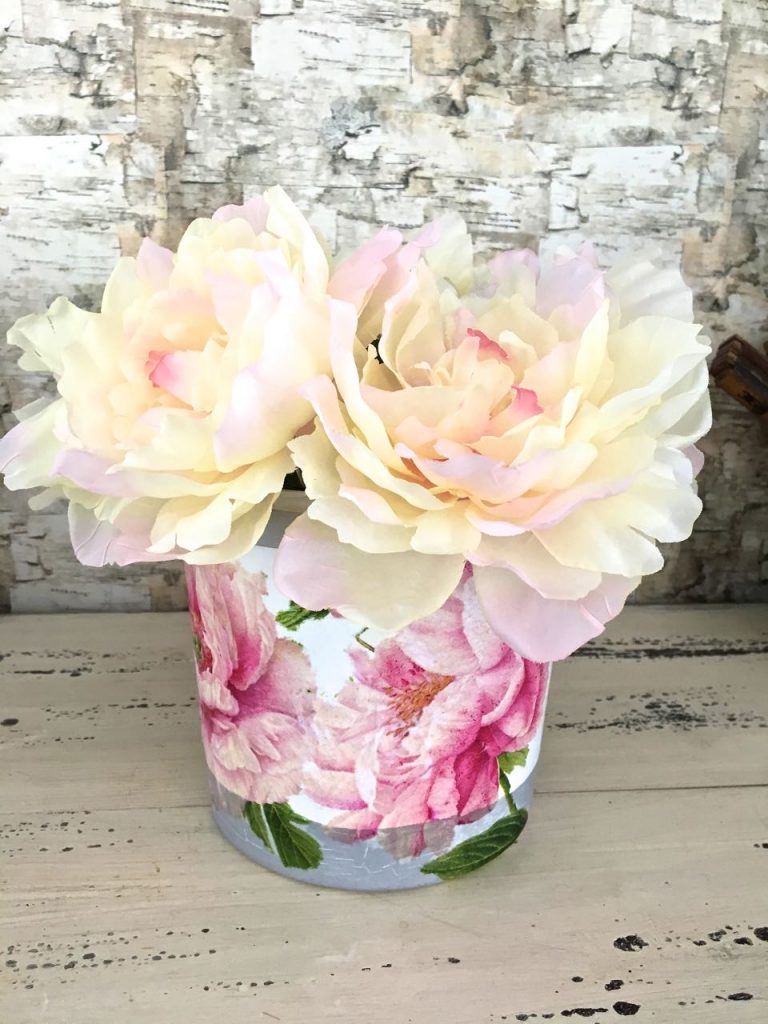 Plastic Bucket Transformation with Decoupage Peonies from 2 Bees in a Pod