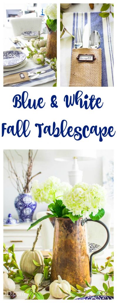 Blue and white fall tablescape. Elements of nature with greenery, sticks, acorns and white pumpkins.