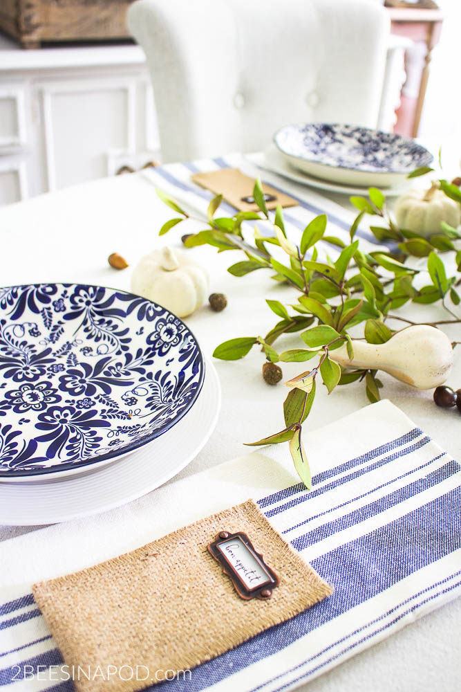 Blue and White Fall Tablescape