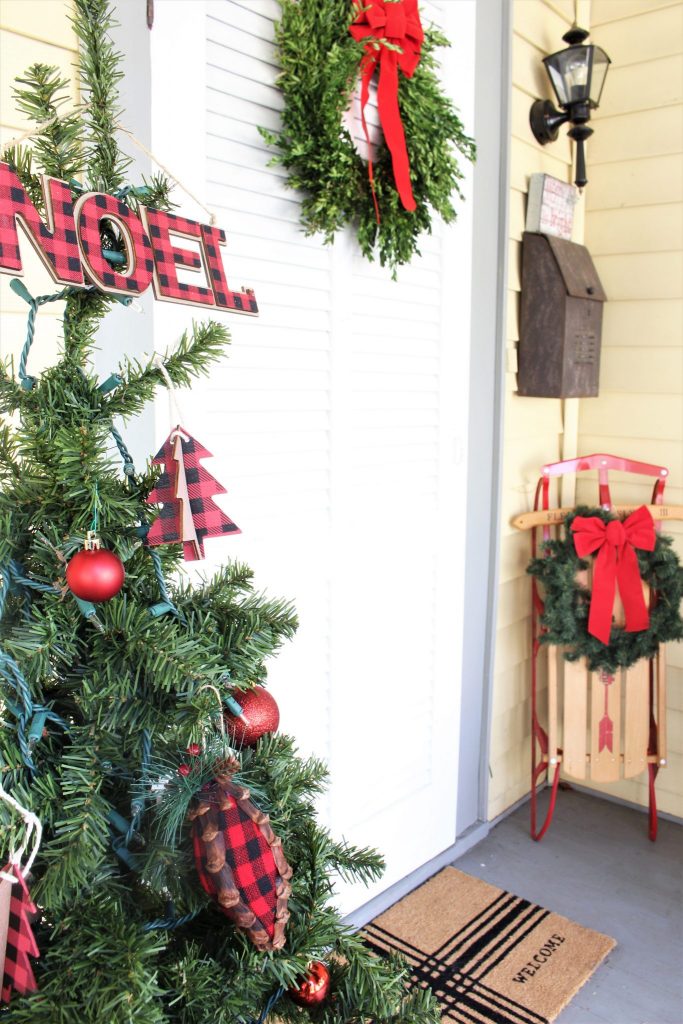 Front porch decorated for Christmas