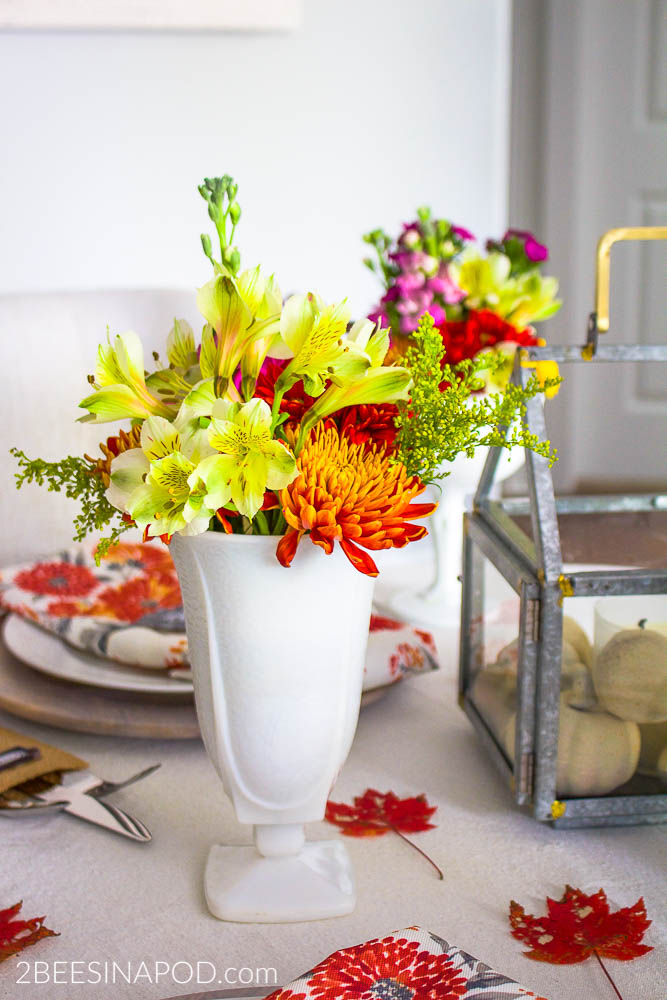 Colorful Thanksgiving Tablescape with Galvanized Feathers and Printable.