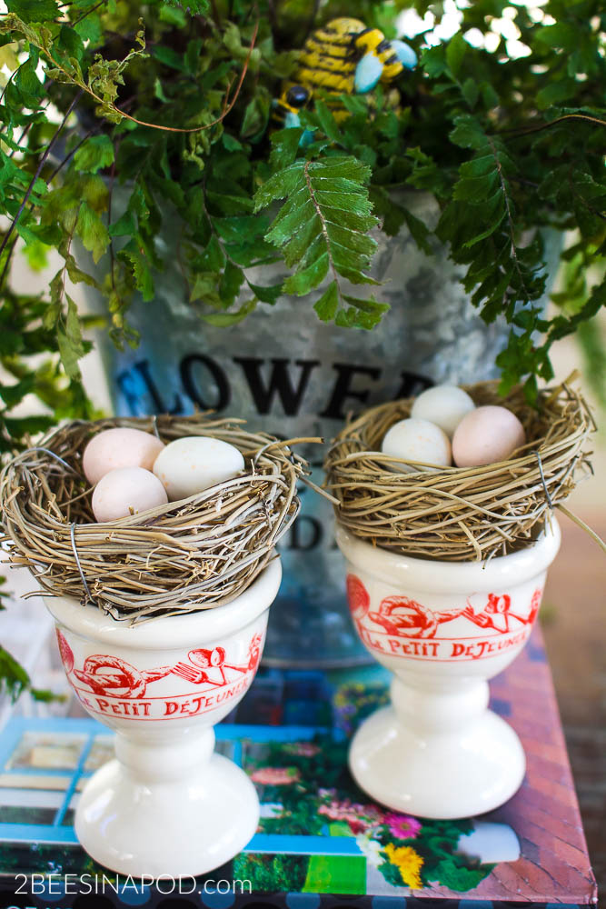 Antique French Egg Cups-Thrifty Style Team Grand Home Decor Giveaway. The egg cups are perfect for spring decor as nest holders.