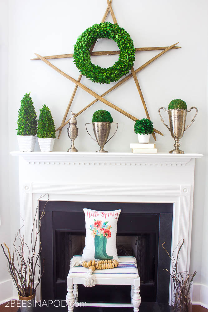 Hello Spring Mantel. Spring mantel decor for Hello spring is so welcoming and fresh
