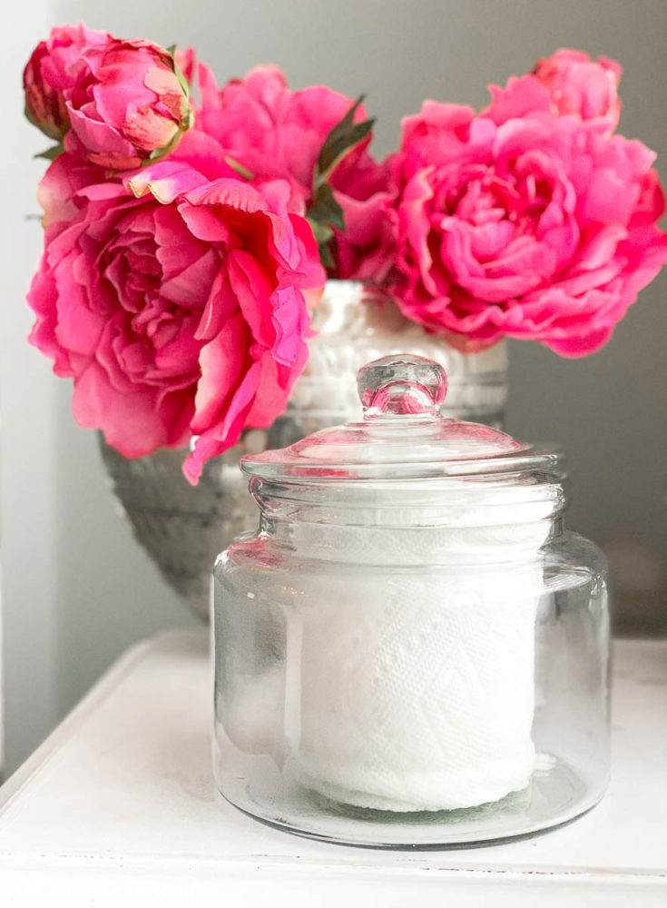 a small glass canister is a perfect container for DIY disinfecting wipes.