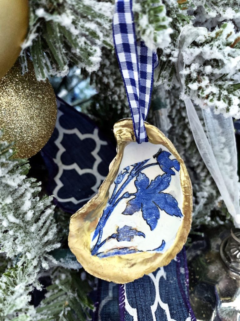 13 Easy DIY Christmas Ornaments - oyster shell blue and white ornament